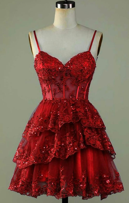 Vestido de fiesta de verano para octavo grado, corte A, tirantes finos, tul, encaje, burdeos, estilo Hoco, W1142