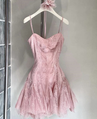 Vestido de fiesta rosa con tirantes finos, corte A, tul y encaje para octavo grado, para verano, escuela secundaria, W1155