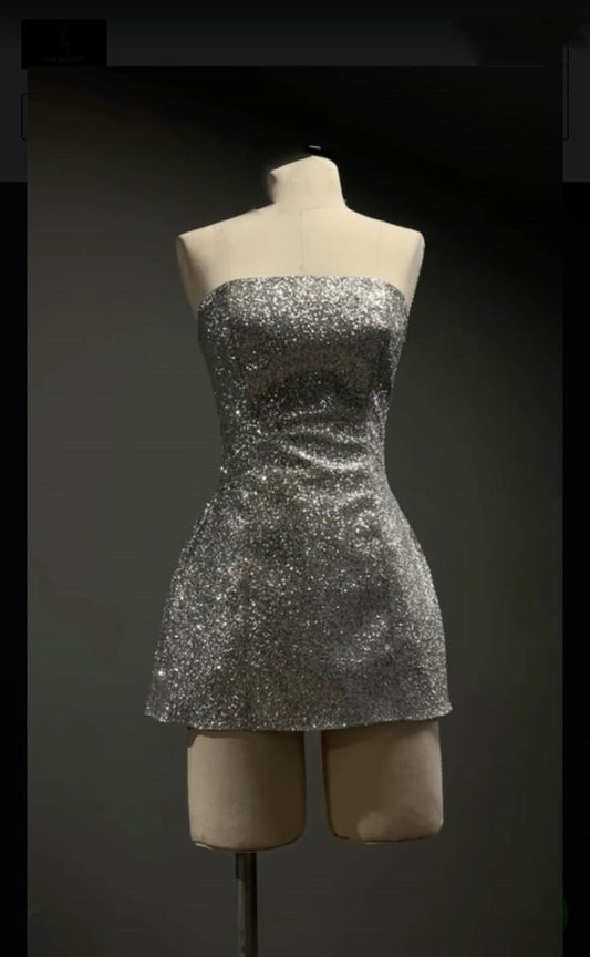 Vestido corto de fiesta con lentejuelas plateadas, sin tirantes, corte A, para octavo grado, de verano, para escuela secundaria, de cumpleaños, W1147
