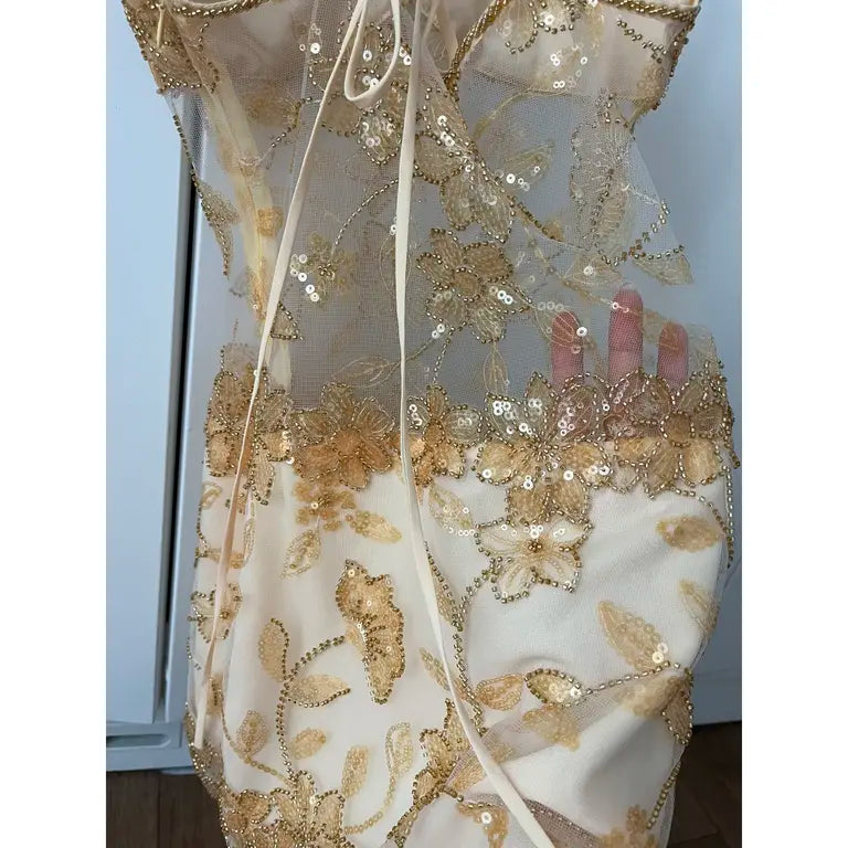 Vestido corto de fiesta con tirantes finos, corte A, lentejuelas doradas, para octavo grado, de verano, para escuela secundaria, para cumpleaños, W1150