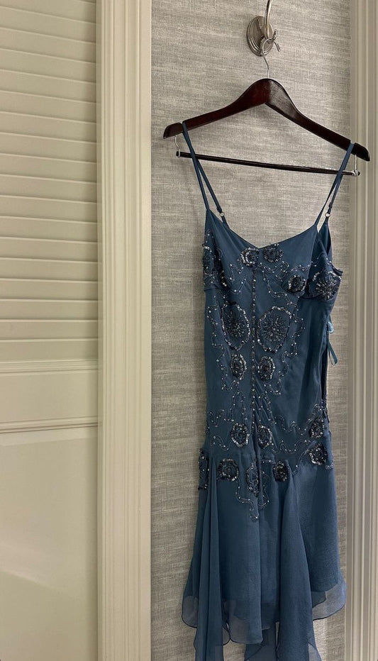 Vestido vintage de gasa azul marino con tirantes finos, corte A, para fiesta de bienvenida de octavo grado, verano, escuela secundaria, trajes de cumpleaños W1151