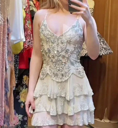Vestido de fiesta vintage con bordado de cuentas, corte A, espalda descubierta, corto, para cóctel, TP4614