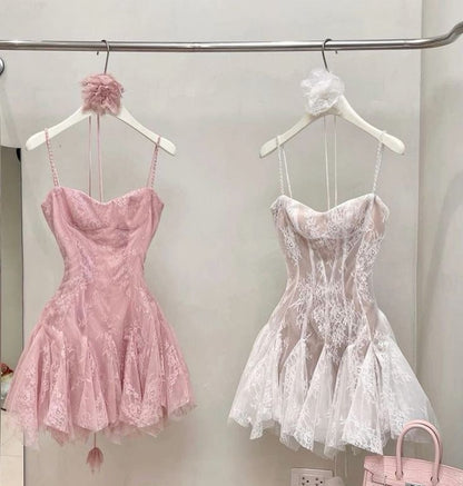 Vestido de fiesta rosa con tirantes finos, corte A, tul y encaje para octavo grado, para verano, escuela secundaria, W1155