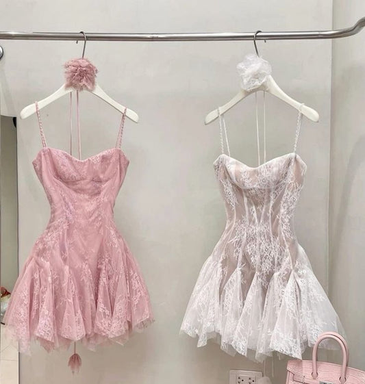 Vestido de fiesta rosa con tirantes finos, corte A, tul y encaje para octavo grado, para verano, escuela secundaria, W1155
