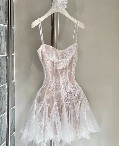 Vestido de fiesta rosa con tirantes finos, corte A, tul y encaje para octavo grado, para verano, escuela secundaria, W1155