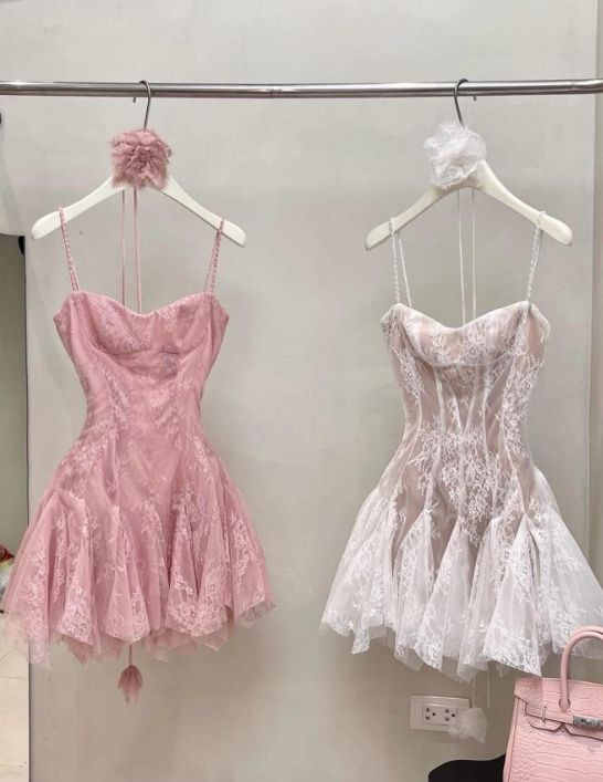 Vestido de fiesta rosa con tirantes finos, corte A, tul y encaje para octavo grado, para verano, escuela secundaria, W1155