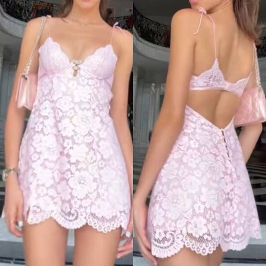 Vestido corto de fiesta de verano para octavo grado, con tirantes finos, encaje rosa, corte A, minivestido formal, para escuela secundaria, W1157