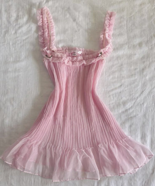 Vestido corto de gasa rosa con tirantes finos, corte A, para fiesta de bienvenida de octavo grado, de verano, para escuela secundaria, atuendos de cumpleaños W1169