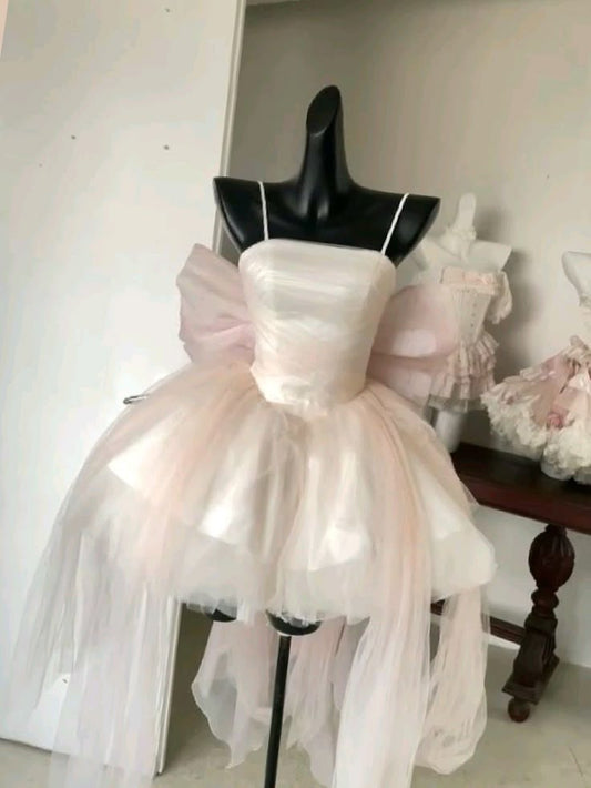 Vestido de fiesta vintage con tirantes finos de tul rosa, corto, formal, para octavo grado, de verano, para escuela secundaria, de cumpleaños, W1178