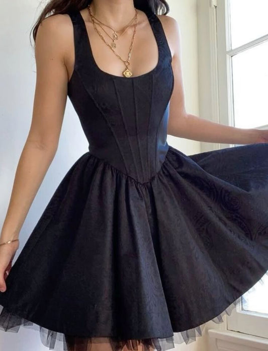 Vestido corto negro de tul y satén con escote cuadrado, corte A, para fiesta de octavo grado, de verano, para escuela secundaria, de fiesta, de cumpleaños, W1182