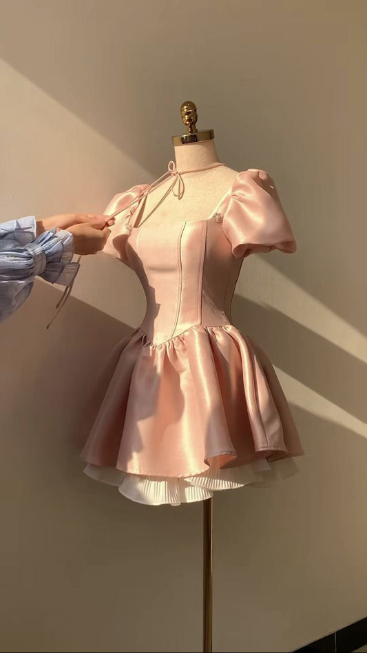 Vestido corto rosa de satén con escote cuadrado y corte en A para octavo grado, vestido formal de fiesta de verano para secundaria, vestidos de fiesta, atuendos de cumpleaños W1183