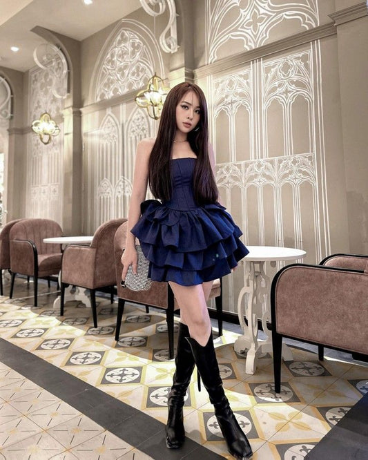 Vestido corto de satén azul marino sin tirantes para fiesta de 8.º grado, vestido de verano para escuela secundaria, vestido de fiesta, atuendos de cumpleaños W1185