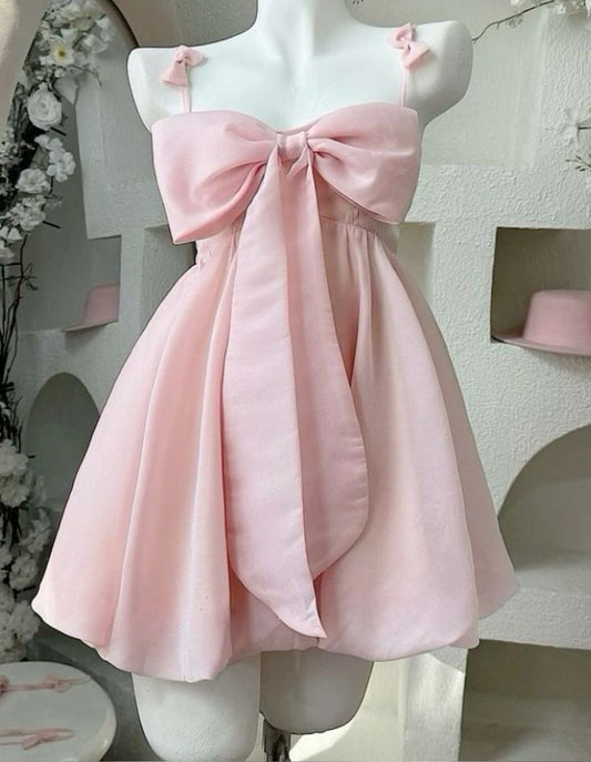 Vestido vintage de satén rosa con tirantes finos, corte A y lazo, corto, formal, para octavo grado, para fiesta de verano, para escuela secundaria, para cumpleaños, W1188