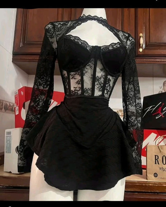 Vestido corto de encaje negro con mangas largas y corte A para fiesta de octavo grado, vestido corto de verano para escuela secundaria, atuendos de cumpleaños W1190
