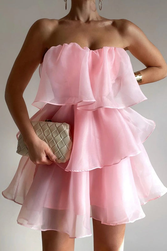 Vestido vintage de corte A con escote en forma de corazón de gasa rosa, corto, formal, para octavo grado, de verano, para escuela secundaria, de cumpleaños, W1195