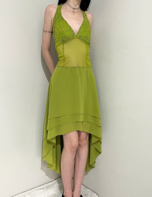 Green Vintage A Line V Neck Beaded Sequin Chiffon Prom Dress Evening Dress SH2539