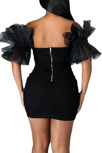 Vestido de cóctel sexy con mangas abullonadas y volantes para mujer, minivestido de fiesta de malla, vestido negro corto para regreso a casa.