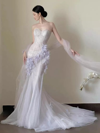 Vestido de fiesta de verano con escote corazón de sirena y tul lila claro, ideal para celebrar 20 años, W0796
