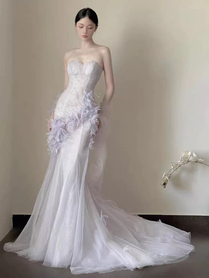 Vestido de fiesta de verano con escote corazón de sirena y tul lila claro, ideal para celebrar 20 años, W0796