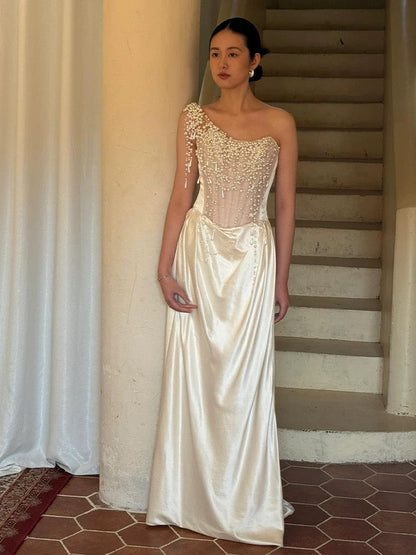 Vestido de novia vintage de un solo hombro color marfil, largo para playa y verano, W0797