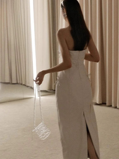 Vestido de novia vintage, sin tirantes, color marfil, con lazo, para verano, playa, largo, W0799