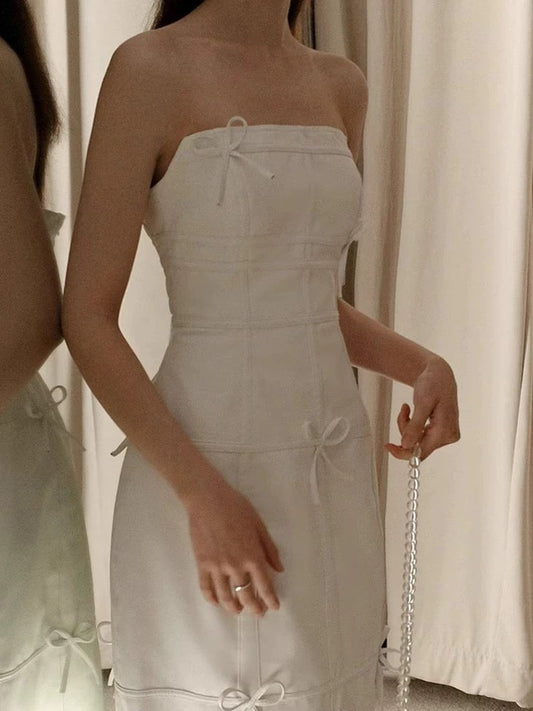 Vestido de novia vintage, sin tirantes, color marfil, con lazo, para verano, playa, largo, W0799