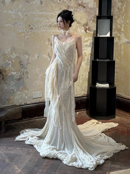 Vestido de novia vintage de corte A con tirantes finos color marfil, largo para playa y verano, W0800