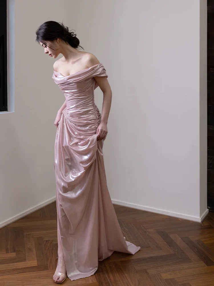Elegante vestido de noche largo de sirena con hombros descubiertos, de satén rosa, de manga corta, para fiesta, formal, de noche, para graduación, W801
