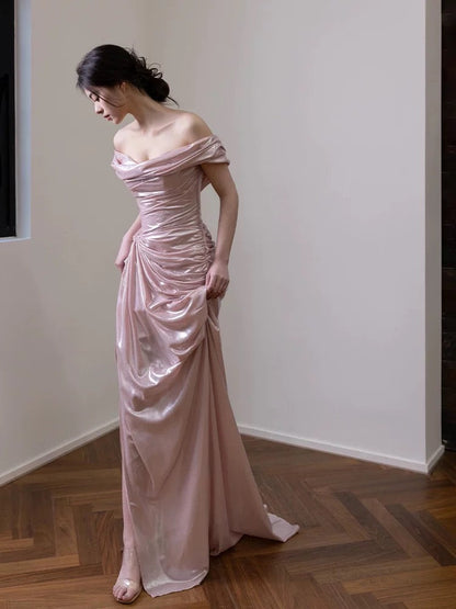Elegante vestido de noche largo de sirena con hombros descubiertos, de satén rosa, de manga corta, para fiesta, formal, de noche, para graduación, W801