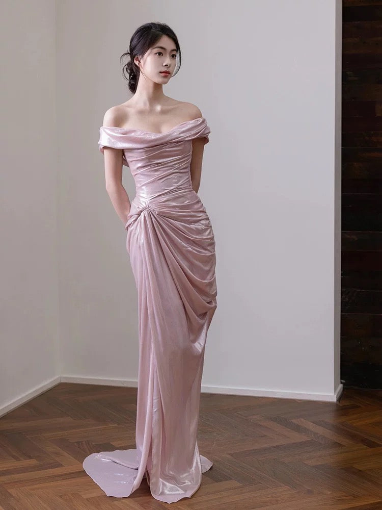 Elegante vestido de noche largo de sirena con hombros descubiertos, de satén rosa, de manga corta, para fiesta, formal, de noche, para graduación, W801