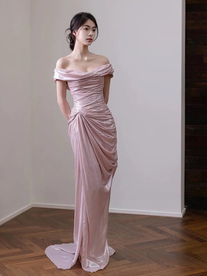 Elegante vestido de noche largo de sirena con hombros descubiertos, de satén rosa, de manga corta, para fiesta, formal, de noche, para graduación, W801