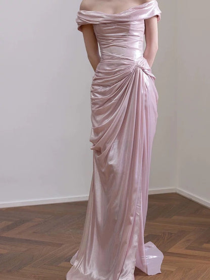 Elegante vestido de noche largo de sirena con hombros descubiertos, de satén rosa, de manga corta, para fiesta, formal, de noche, para graduación, W801