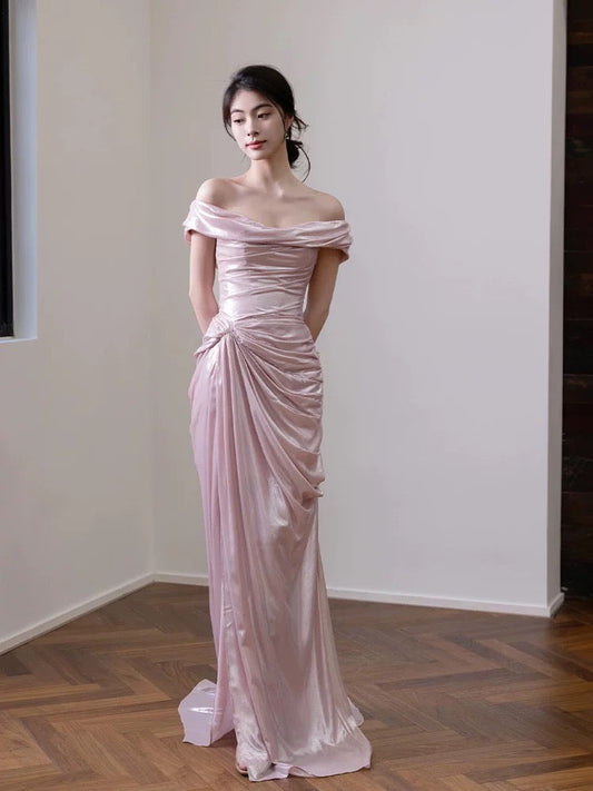 Elegante vestido de noche largo de sirena con hombros descubiertos, de satén rosa, de manga corta, para fiesta, formal, de noche, para graduación, W801