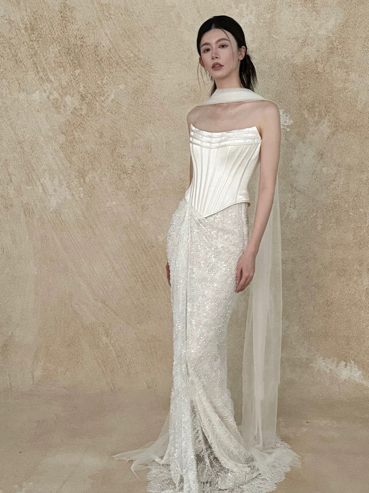 Hermoso vestido de novia de sirena sin tirantes, blanco, largo, de satén, W802