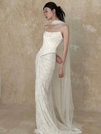 Hermoso vestido de novia de sirena sin tirantes, blanco, largo, de satén, W802