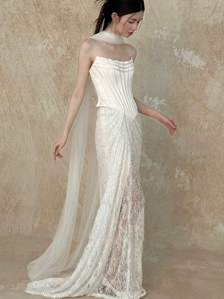 Hermoso vestido de novia de sirena sin tirantes, blanco, largo, de satén, W802