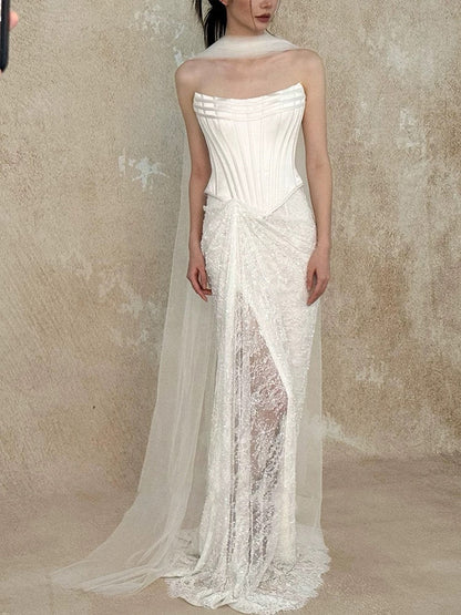 Hermoso vestido de novia de sirena sin tirantes, blanco, largo, de satén, W802