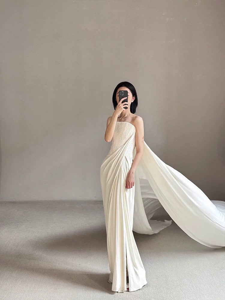 Hermoso vestido de novia blanco largo de satén sin tirantes, vestido de novia W804