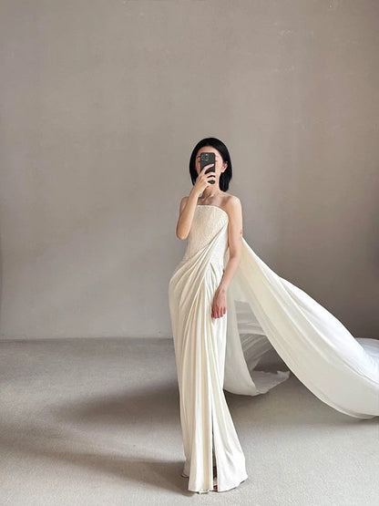 Hermoso vestido de novia blanco largo de satén sin tirantes, vestido de novia W804