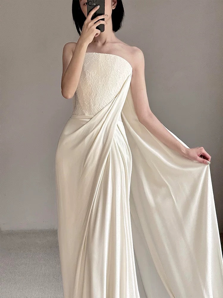 Hermoso vestido de novia blanco largo de satén sin tirantes, vestido de novia W804