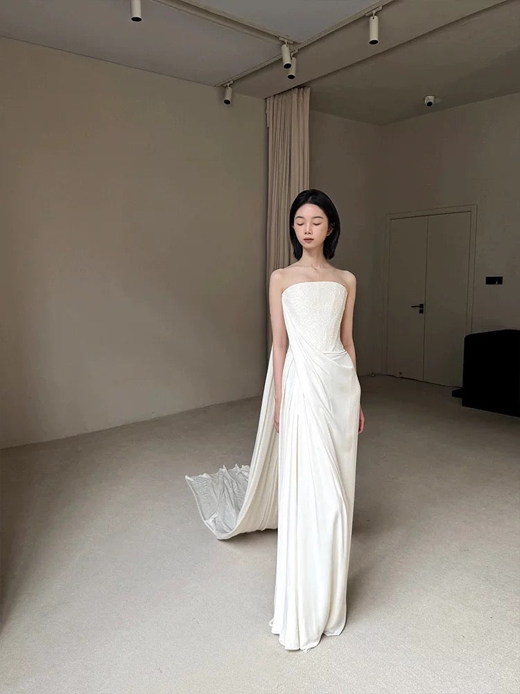 Hermoso vestido de novia blanco largo de satén sin tirantes, vestido de novia W804