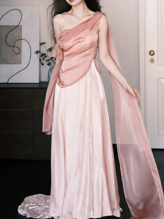Sexy A line One Shoulder Pink Satin Sleeveless Prom Dresses Party Dress Summer Birthday Outfits Birthday Dresses W805