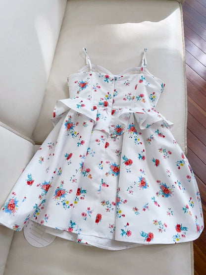 Hermoso vestido de verano con tirantes finos, corte A, estampado floral blanco, para adolescentes, para cumpleaños número 16, minivestido para cumpleaños número 18, vestidos de cóctel para mujer W822