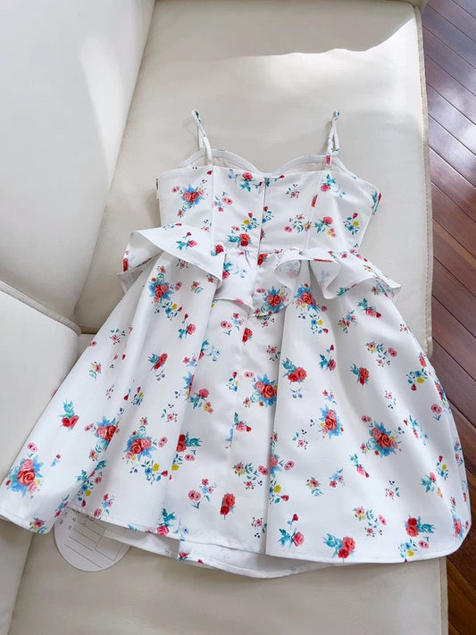 Hermoso vestido de verano con tirantes finos, corte A, estampado floral blanco, para adolescentes, para cumpleaños número 16, minivestido para cumpleaños número 18, vestidos de cóctel para mujer W822