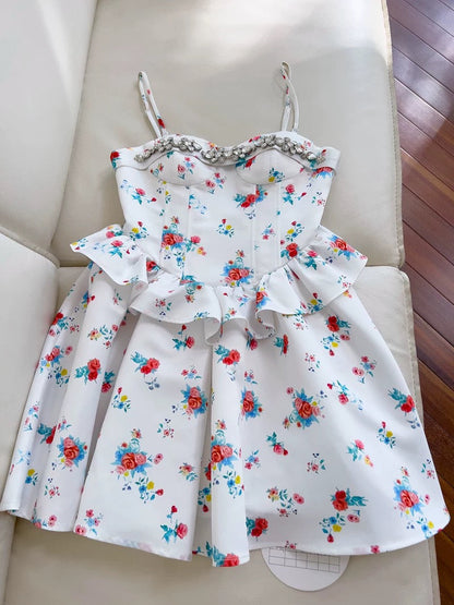 Hermoso vestido de verano con tirantes finos, corte A, estampado floral blanco, para adolescentes, para cumpleaños número 16, minivestido para cumpleaños número 18, vestidos de cóctel para mujer W822