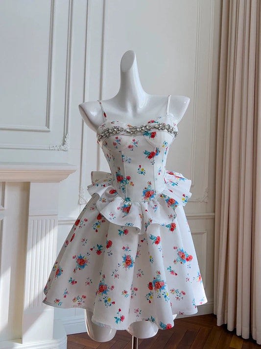 Hermoso vestido de verano con tirantes finos, corte A, estampado floral blanco, para adolescentes, para cumpleaños número 16, minivestido para cumpleaños número 18, vestidos de cóctel para mujer W822