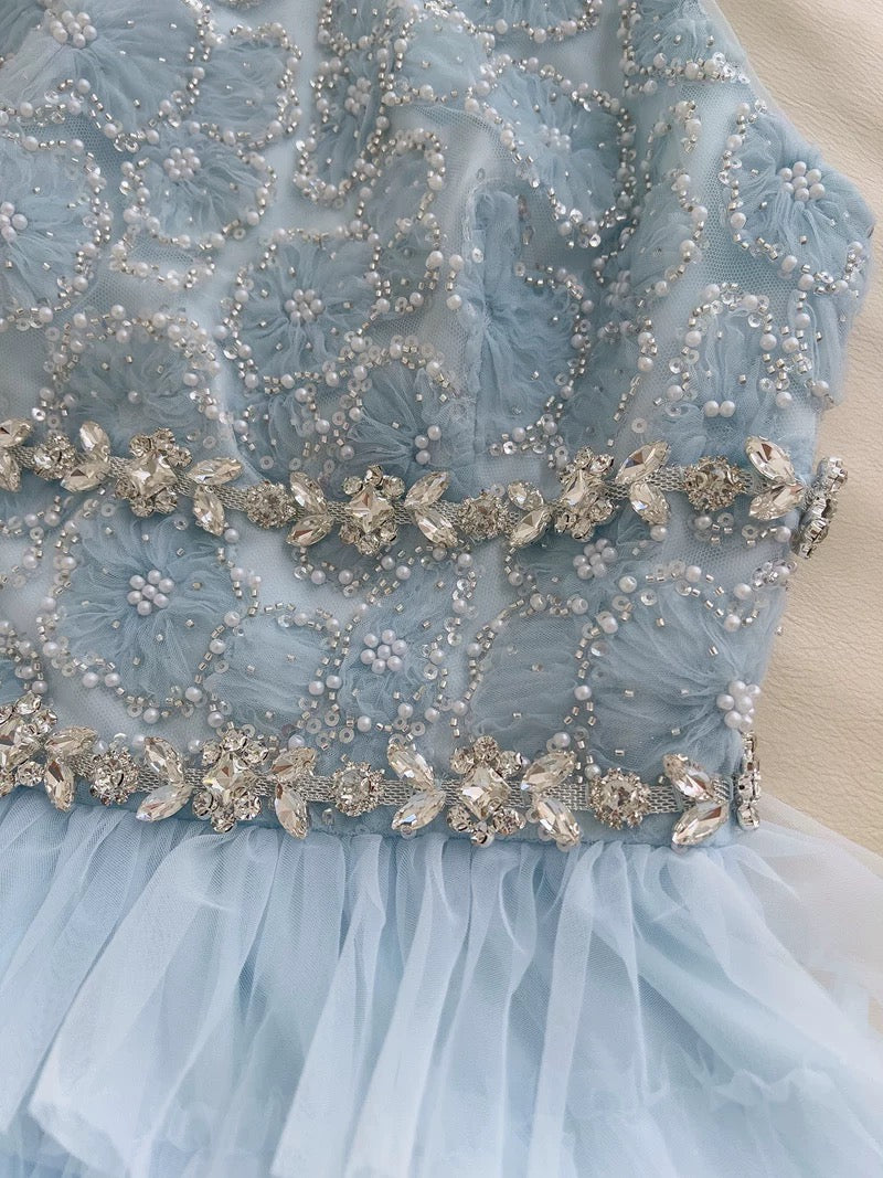 Hermoso vestido de verano de corte A con escote redondo en azul cielo claro para adolescentes, vestido Hoco, minivestido para cumpleaños número 18, vestidos de cóctel para mujeres W825