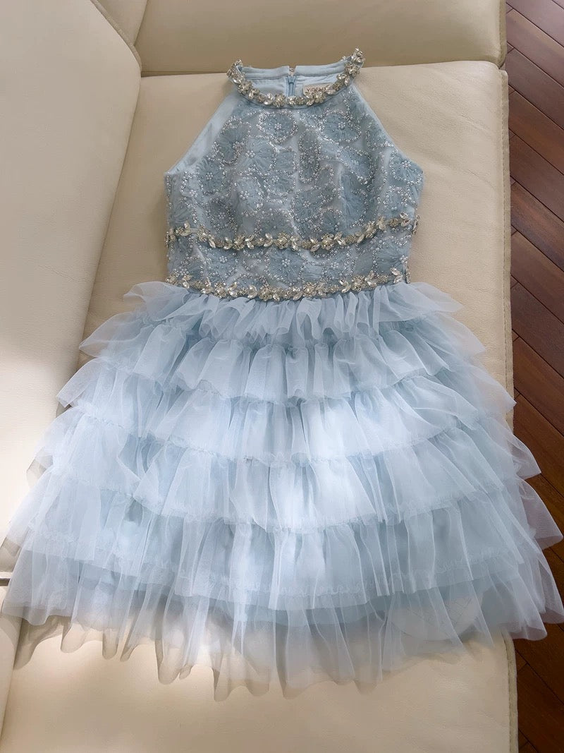 Hermoso vestido de verano de corte A con escote redondo en azul cielo claro para adolescentes, vestido Hoco, minivestido para cumpleaños número 18, vestidos de cóctel para mujeres W825