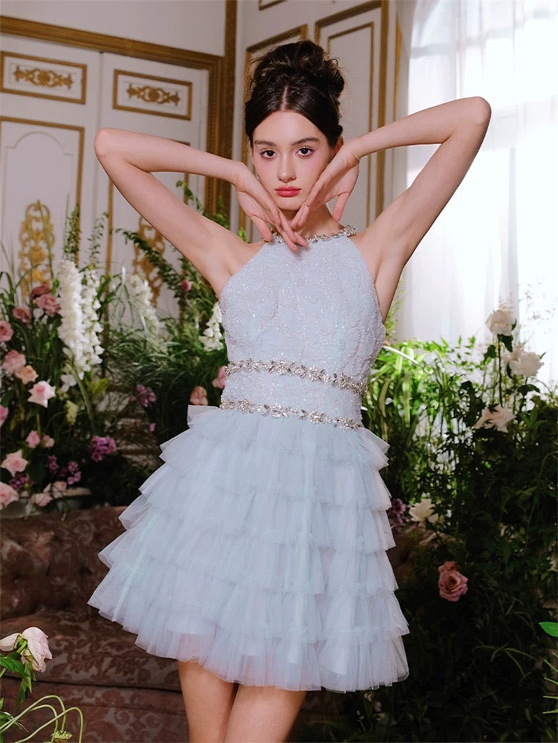 Hermoso vestido de verano de corte A con escote redondo en azul cielo claro para adolescentes, vestido Hoco, minivestido para cumpleaños número 18, vestidos de cóctel para mujeres W825