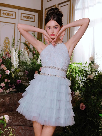 Hermoso vestido de verano de corte A con escote redondo en azul cielo claro para adolescentes, vestido Hoco, minivestido para cumpleaños número 18, vestidos de cóctel para mujeres W825